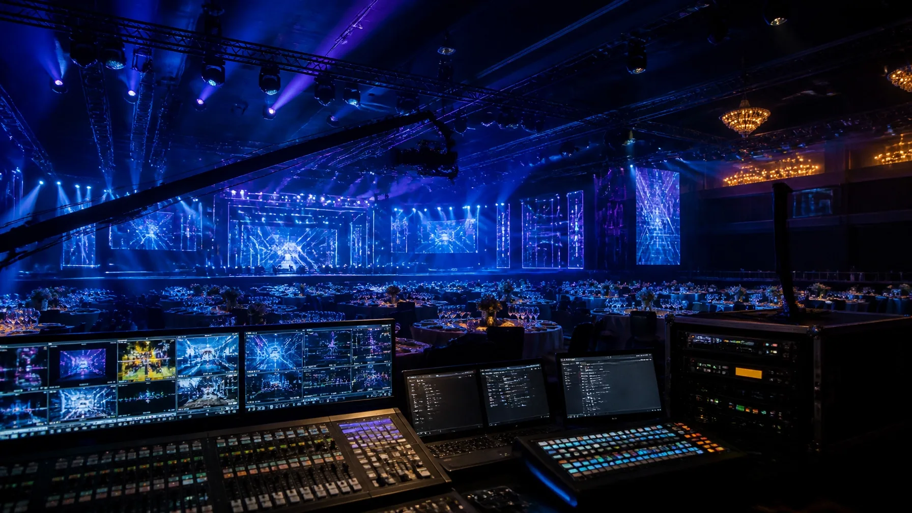 A live event stage and production control room lit in blue